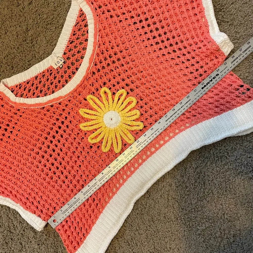 POL Flower Open Knit Crochet Sweater Daisy orange sz S - Picture 9 of 14